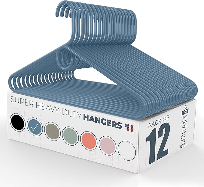 Neaties Super Heavy Duty Clothes Hangers 12 Pack – Made in The USA - 10lb Capacity, Thick Plastic Hangers for Pants, Coats, Jackets, Jeans and Adult Clothing – Blue