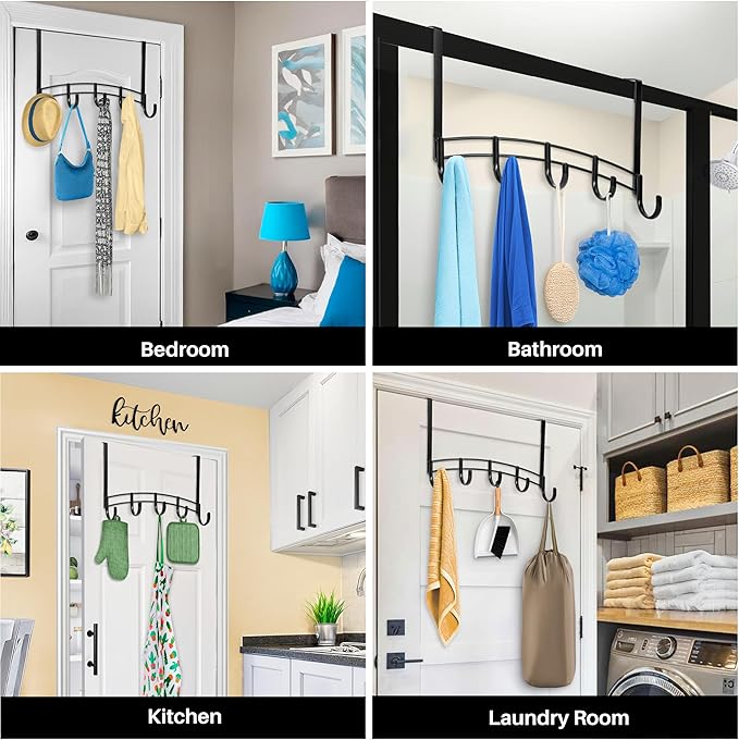 LYNK Professional® Home™ Over The Door Hooks - 5 Hook Over The Door Hanger - Over Door Coat Rack - Hanging Towels or Clothes - Bathroom, Bedroom or Laundry Room - Lifetime Ltd. Warranty – Black
