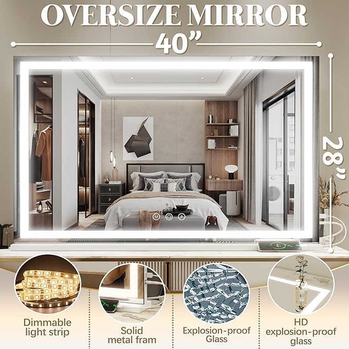 FENNIO Large Vanity Mirror with Lights，40" x 28"Makeup Mirror with Lights，Hollywood Mirror with 3 Color Modes & Adjustable Brightness，Vanity Mirror Square White