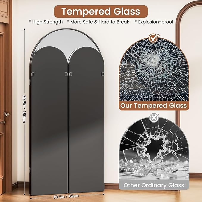 3 Way Arched Full Length Mirror Free Standing, 71"x 67" Large Modern Trifold Mirror, 3-in-1 Detachable Panel Tempered Glass & Metal Frame, for Dressing Room, Bridal Shop, Clothing Store (Black)