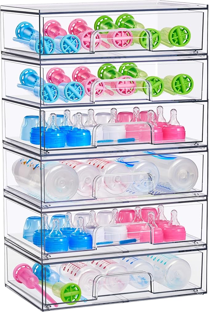 Sorbus Wide Stackable Acrylic Storage Drawers, 6 Pack Clear Plastic Organizer Bins for Baby Bottles, Makeup, Bathroom, Vanity & Countertop Organization, Pull-Out Drawer Design for Cabinets & Pantry