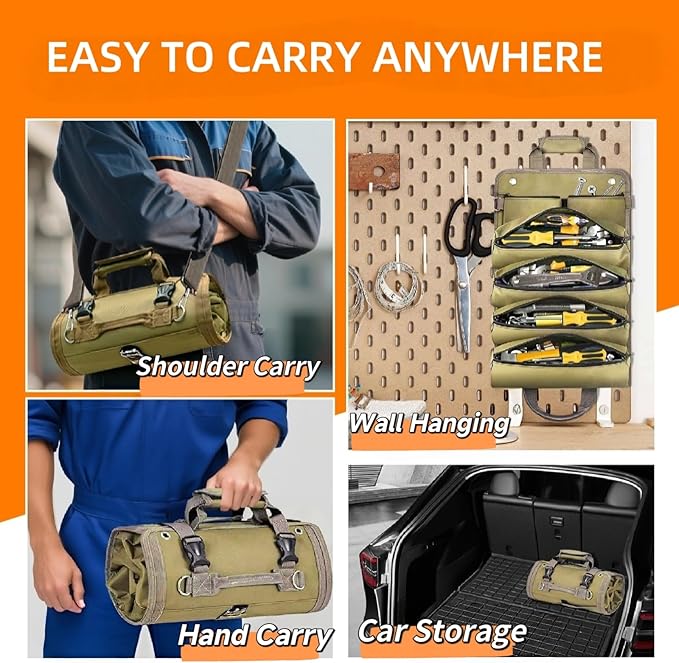 Roll Up Tool Bag-Tool Roll Organizer Heavy Duty Portable Tool Roll Bag for Mechanic Handyman Electrician Motorcycle Tools, Durable Tool Storage Gift for Men, Dad Birthday Gift
