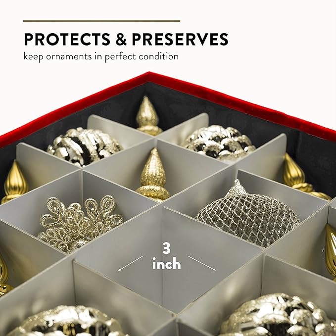 ZOBER Christmas Ornament Storage Box - Stores 64 3" Ornaments with Individual Trays - Tear Proof 600D Oxford Fabric - ornament organizer storage box, Durable Christmas Containers Holder - Black