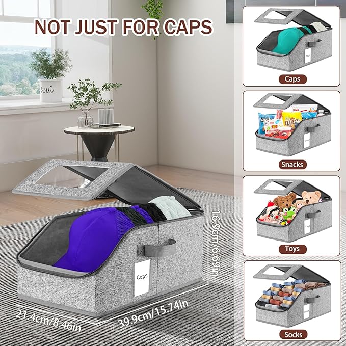 Stackable Hat Organizer for Baseball Caps - Holds 12 Caps, Clear View Lid, Space Saving Closet Storage (Set of 4, Breathable Fabric)