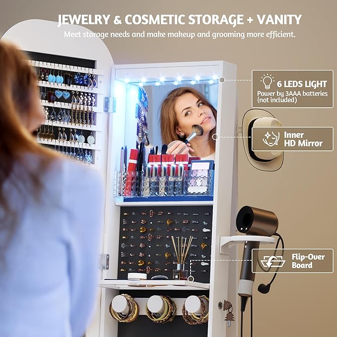 Vlsrka 360° Swivel Jewelry Aromire with Wavy Mirror, Lockable Jewelry Organizer Mirror Full Length, Rotatable Standing Mirror with Storage, Jewelry Cabinet, Interior Mirror, Flodable Shelf, White