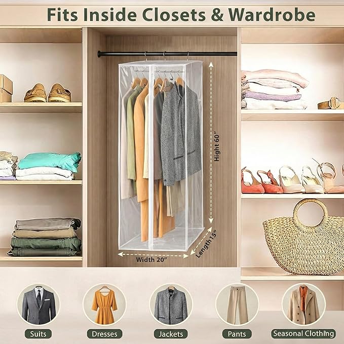 Garment Bag - Clear Hanging Closet Organizer - Durable Zippered Cover with Rod Protects Dresses, Suits, and Jackets from Dust and Moist- Top Metal Frame to Keep All Your Stuff in Shape- 60" x 20" x 15
