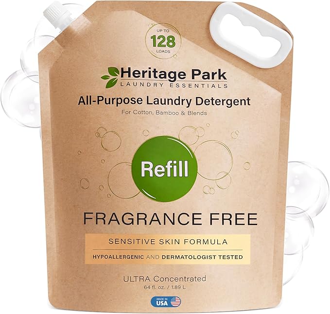 Heritage Park All-Purpose Fragrance Free, Hypoallergenic, pH-Neutral Laundry Detergent - Dermatologist-tested, Sensitive Skin-Friendly, Stain-Fighting Enzymes, 3x Concentrated (64 fl oz Refill Pouch)