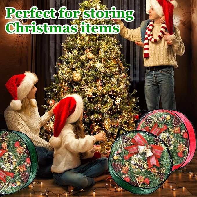 6 Pcs Christmas Wreath Storage Bag, 24" Dia Round Wreath Storage Container with Clear Window, Tear Resistant Wreath Boxes for Christmas Holiday Seasonal Storage (Red×3 ＆ Green×3)