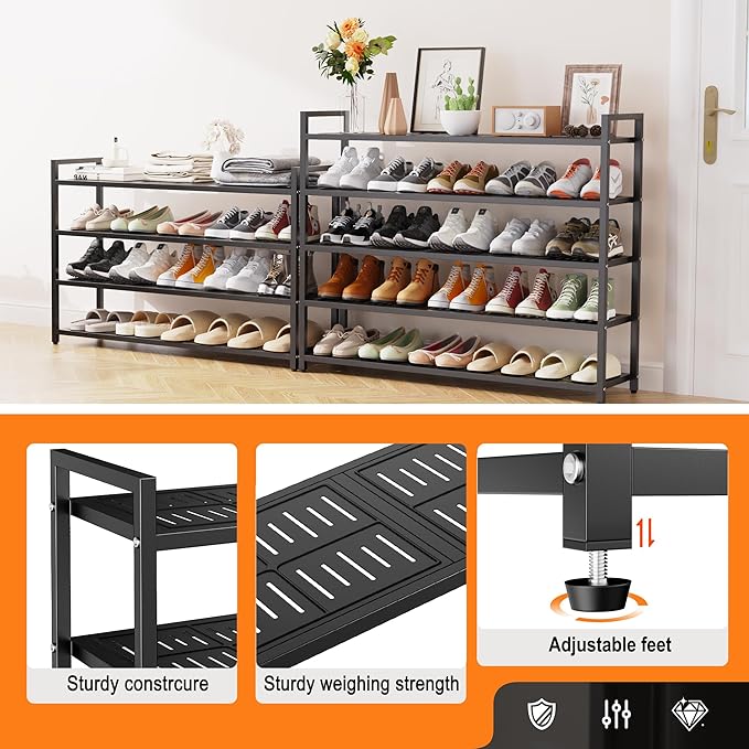 3-Tier Heavy Duty Metal Shoe Rack, 200 lbs Load Capacity Shoe Organizer with Reinforced Steel Tubes, No-Wobble Free Standing Shoe Shelf for Entryway, Closet, Bedroom, Dorm – Easy Assembly, Black
