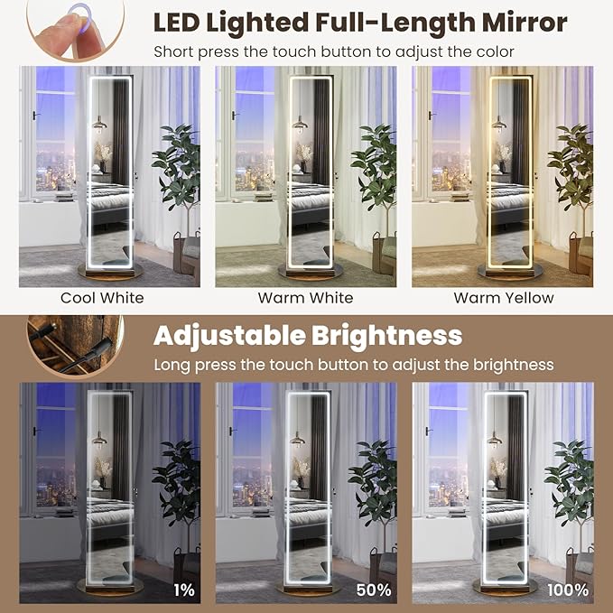 CHARMAID Swivel LED Mirror Jewelry Cabinet Armoire, Full Length Mirror with Storage, 3 Color & Adjustable Lights, Lockable Standing Jewelry Organizer with Lighted Mirror (Rustic Brown)