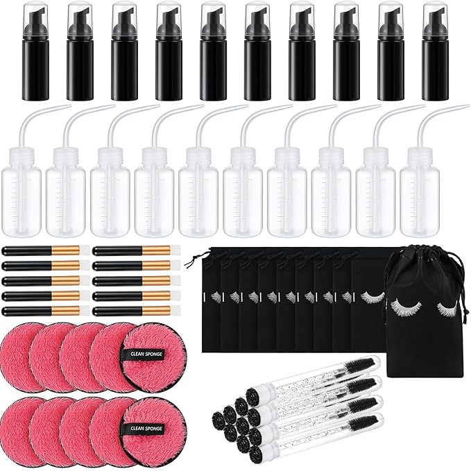 60 Pcs Lash Shampoo Brushes Set 10 Lash Shampoo Brushes 10 Mascara Tubes and Wands 10 Foam Pump Bottle 10 Cleaning Rinse Bottles 10 Makeup Remover Pad 10 Aftercare Drawstring Bag(Black)