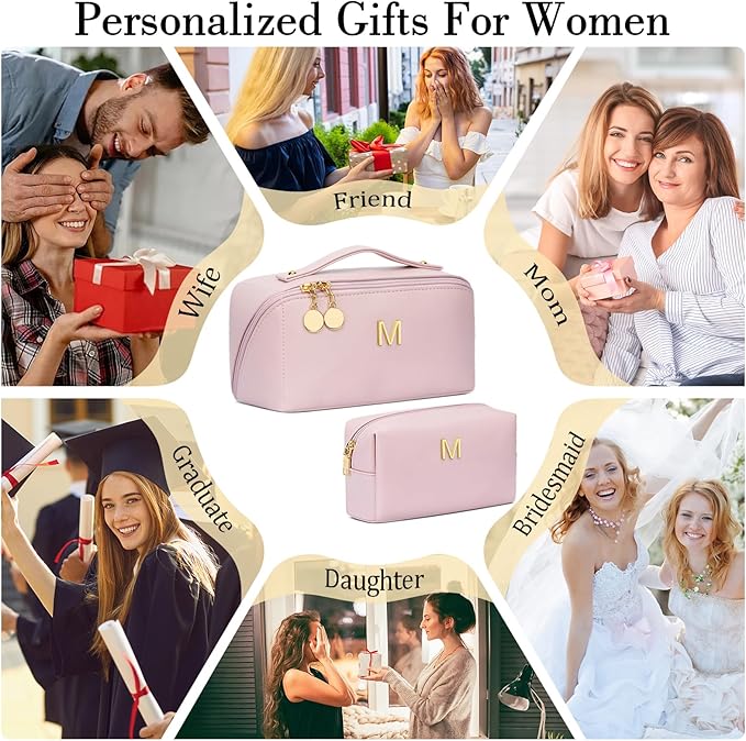 Valentine's Day Gifts for Women Teen Girl, Personalized Initial Makeup Organizer Bag Set, Open Flat Travel Cosmetic Bag With Clear Divider and Handle(Pink,M)