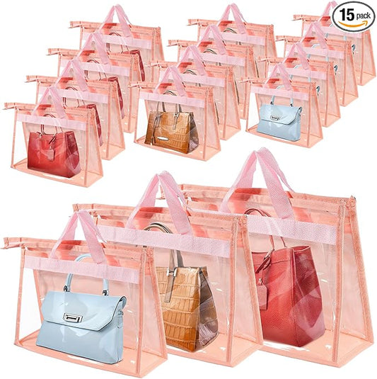 15 PCS Dust Bags for Handbags,Purse Protector Storage Bag,Purse Cover Hanging Closet Organizer with Zipper Handle,Clear Handbag Storage Organizer for Closet,3 Assorted Sizes(Pink)
