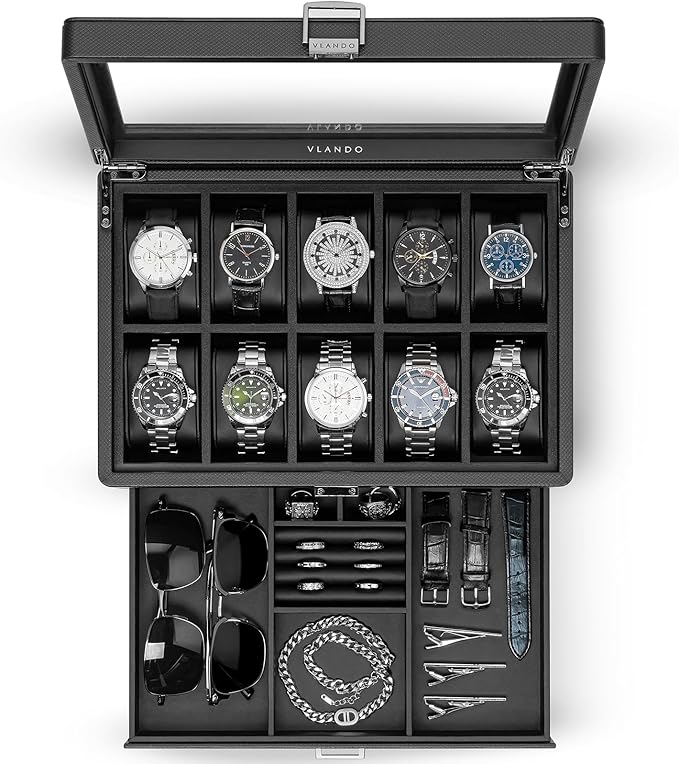 Vlando Watch Box 10 Slots, Lockable Watch Case with Textured Leather, 2 Layer Watch Holder for Rings, Glasses, Mens Jewelry Box with Glass Lid, Removable Divider, Gifts for Father, Husband, Black
