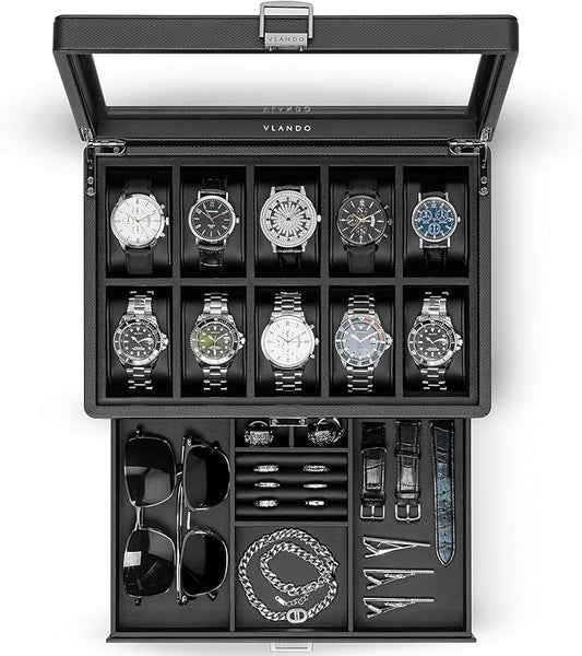 Vlando Watch Box 10 Slots, Lockable Watch Case with Textured Leather, 2 Layer Watch Holder for Rings, Glasses, Mens Jewelry Box with Glass Lid, Removable Divider, Gifts for Father, Husband, Black