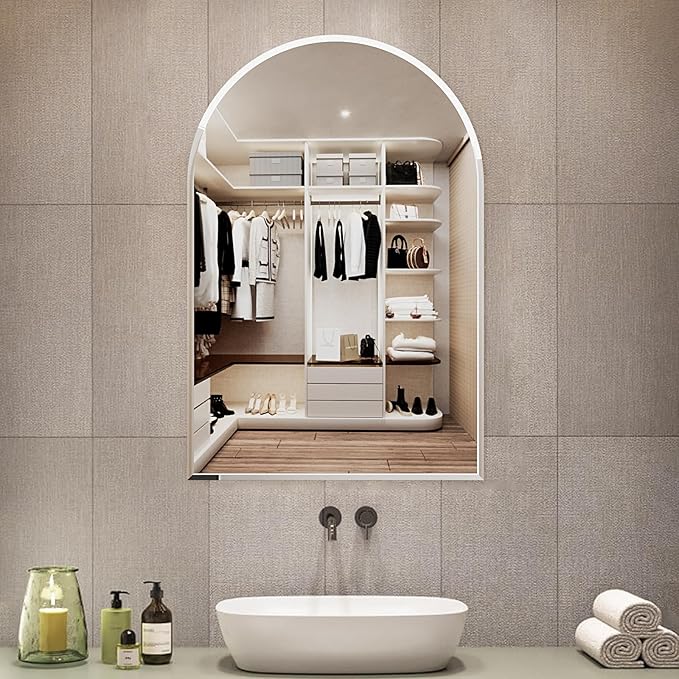 Arched Bathroom Mirror, 32X48 inch Arched Frameless Mirror, Arch Wall Mirror，Frameless Mirrors for Bathroom,Beveled Bathroom Mirror.
