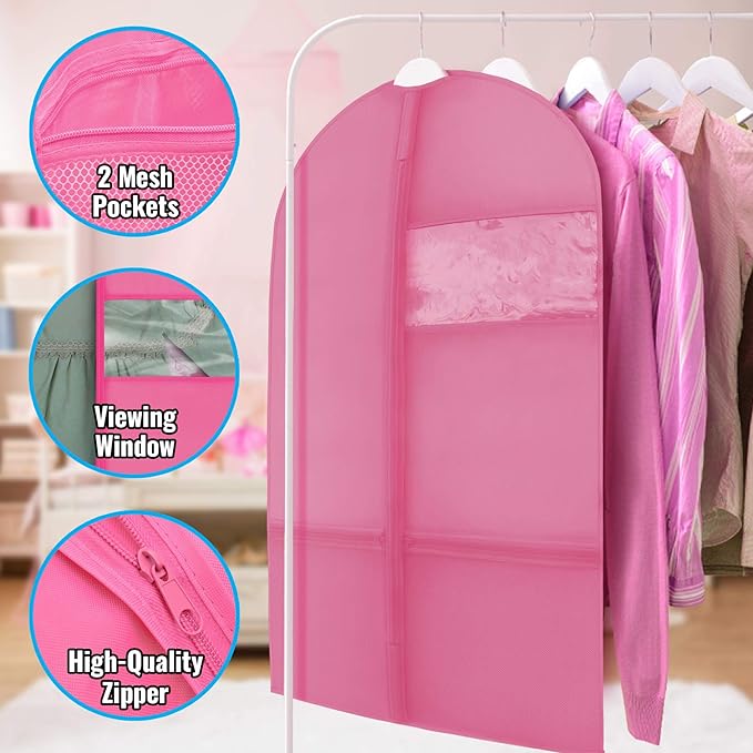 Plixio Garment Bags for Kids Dance Costumes with Transparent Window and Zippered Mesh Pockets for Shoes and Accessory Storage (3 Pack) (Pink: 36" x 23")