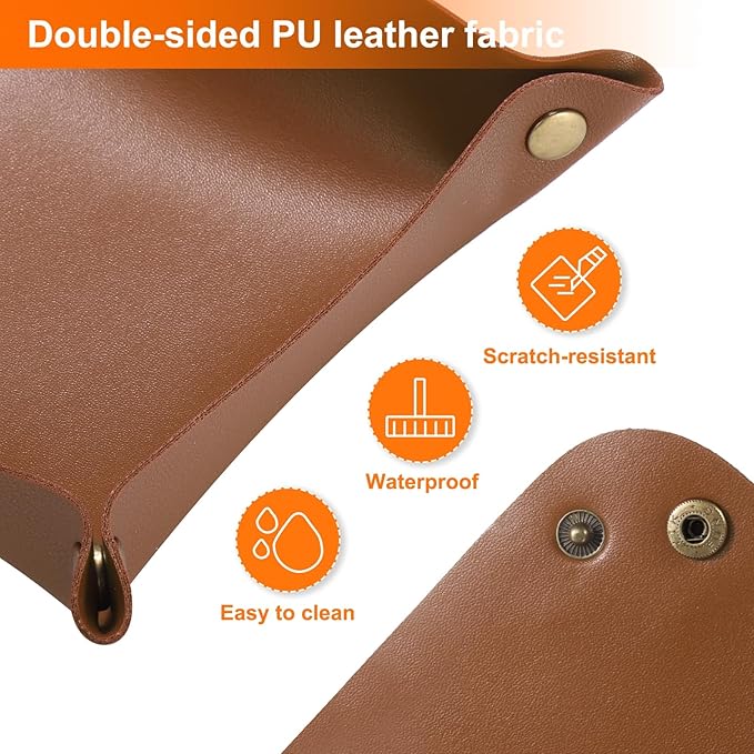 HARFINGTON 4pcs PU Leather Valet Tray Unisex Folding Small Catchall Tray Portable Entryway Table Tray Nightstand Bedside Desk Tray for Key Wallet Watch Coin Jewelry Dice, Brown