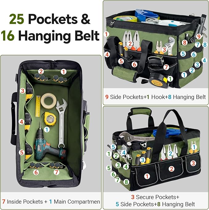 16 Inch Tool Bag with 25 Pockets Heavy Duty Portable Electrician Toolbox Tool Organizer Bag with Soft Handle Suitable for Electricians Carpenters Gardeners Construction Workers Mechanic Plumber
