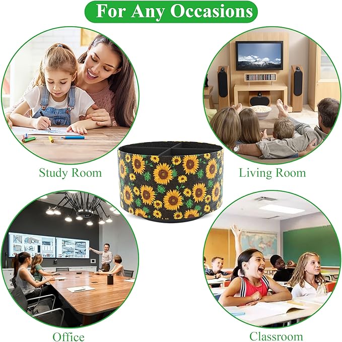 Hennaja Round Leather Art Supply Organizer,Remote Control Holder,360 Degree Rotating,Multi-Functional Pencil Holder,4 Compartments Desktop Stationary Organizer(1-Sunflower)