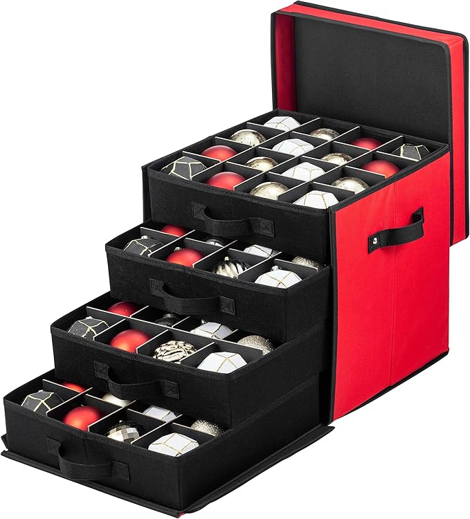 ZOBER Christmas Ornament Storage Box - Stores 64 3" Ornaments with Drawer Style Trays - Tear Proof 600D Oxford Fabric - Ornament Organizer Storage Box, Durable Christmas Containers Holder - Red