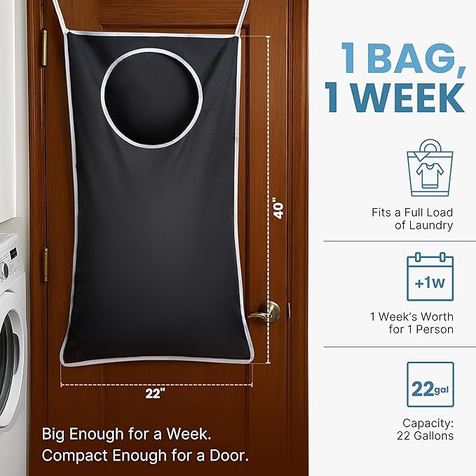 Hanging Laundry Hamper Bag XL 40x22", Space Saving over the Door Storage Bags, Behind the Door Hampers for Dirty Clothes & Wall Mounted Basket for Bathroom (2, Black)