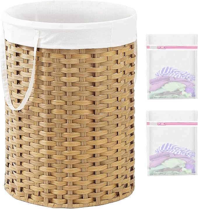 Laundry Basket Round Rattan Laundry Hamper 29.1 Gal(110 L)Handwoven Large Wicker Basket with Handles, Wicker Hamper with Removable Bags and 2 Mesh Bags for Bathroom Living Room Natural(No Lid)