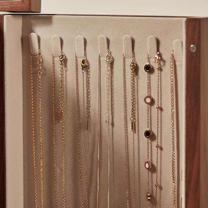 Black Walnut Wooden Jewelry Box, Wood Jewelry Organizer with 2 Side Doors Mirror Lockable Classical for Watch Necklace Ring Earring Valentine's Day Gifts-4 Layer with Curved Ring Grooves