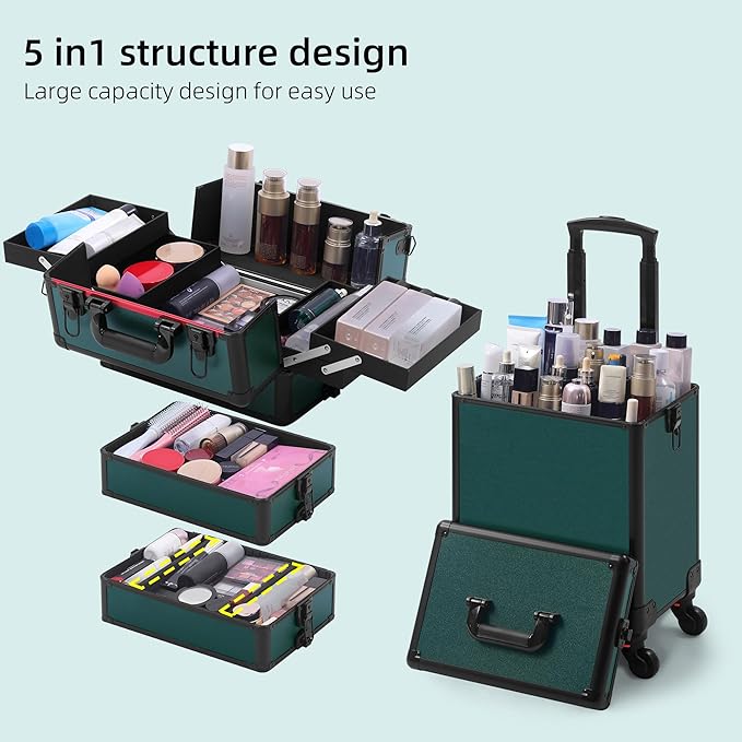 Makeup Train Case, Rolling Makeup Case with Lid, 5 in 1 Cosmetology Case on Wheels, Christmas Gift, Large Makeup Case Organizers, Profesional Cosmetic Case for Salon Barber, Black Green