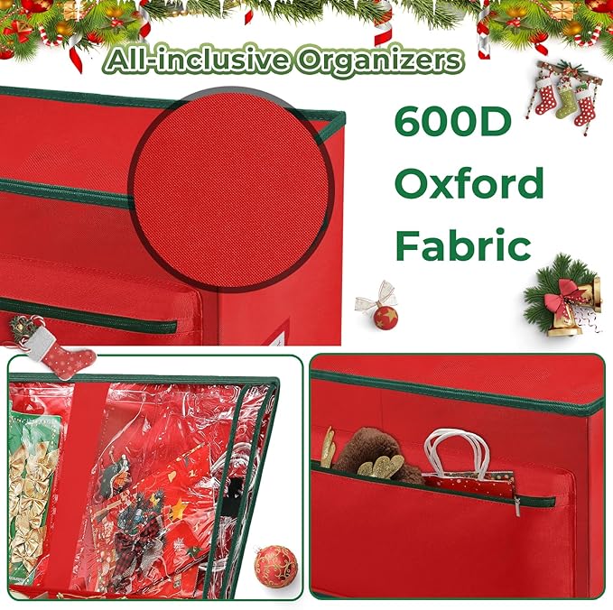 WDZREE Large Christmas Ornament Storage Box, Stores Up to 72-4" Ornaments Balls, 3 Individual Trays with Adjustable, Christmas Container Perfect for Holiday Decorations, 600D Oxford Fabric Tear-Proof