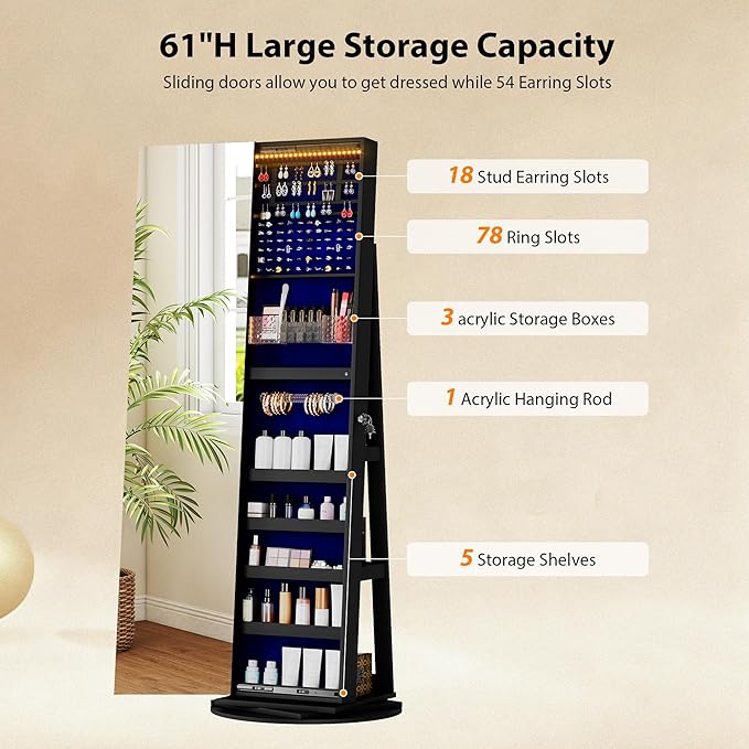 LVSOMT 360° Rotating Jewelry Mirror Cabinet with LED Lights and Lock - Freestanding Jewelry Storage Organizer for Bedroom, Closet, Vanity, Cosmetics & Accessories (Black)