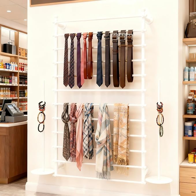 12 Layers 80cm White Wall Display Stand Wrapping Paper Ribbon Organizer Tie Scarf Rack Belt Towel Holder Spool Hijab Stand Metal Shelving for Home, Retail Stores, Flower Shop, Studio, Sewing