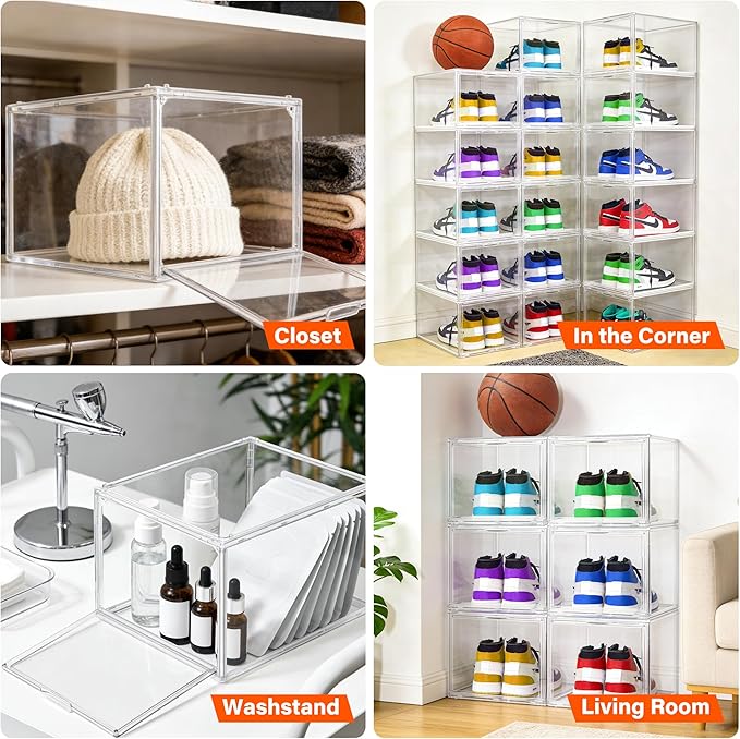 1 Pack Drop Front Clear Shoe Boxes Fit Size 13, Acrylic Shoe Organizer Stackable with Front Magnetic Door for Closet, Entryway, Underbed, Multiple Clear Display Cases for Hats, Figures, Sneakers