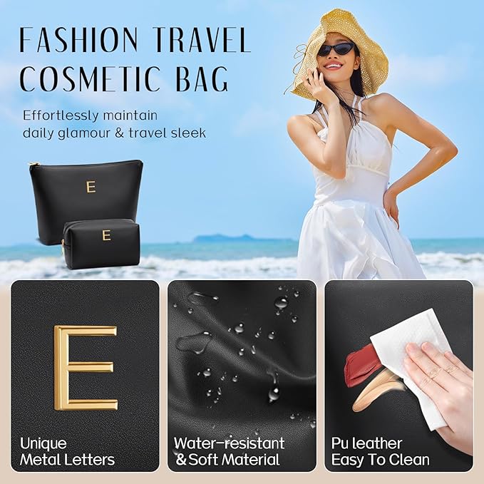 Valentine's Day Gifts for Women Girlfriend Initial Makeup Bag for Teen Girls Personalized Gifts for Friend Teacher Mom Wife Cosmetic Travel Toiletry Bag(Black,E)