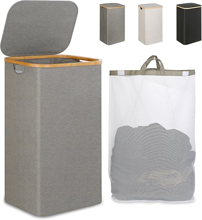 Laundry Hamper with Lid, 110L Large Laundry Hamper with Handle and Lid, Collapsible Clothes Basket Organizer with Removable Inner Bag for Clothes Toys Towels - Grey