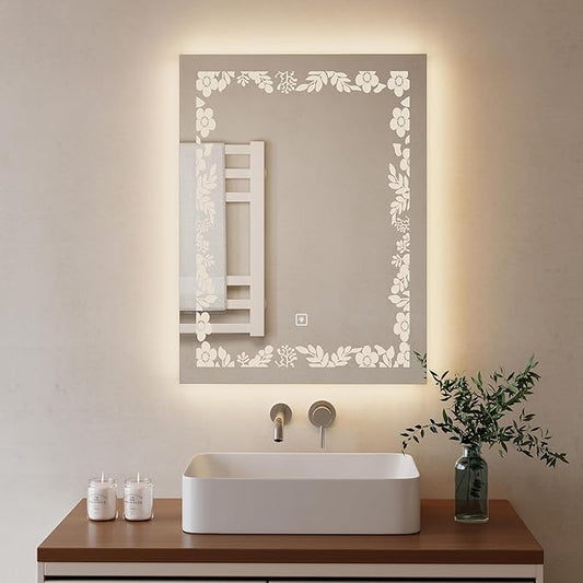 32"*24" Rectangular LED Vanity Mirror with Lights, Bedroom and Bathroom Mirror, Touch Control 3-Color Dimmable Lighting, Easy Wall Mount, Plug-in Power, with Elegant Pattern