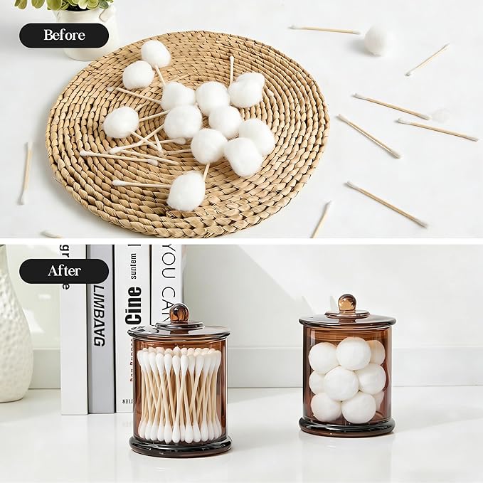 2 Pack Glass Qtip Holder Dispenser with Lids, Airtight Waterproof, 16 Oz Vanity Organizer Bathroom Canisters for Cotton Swabs, Balls, Pads, Floss Picks, Restroom Kitchen Storage Jars, Amber