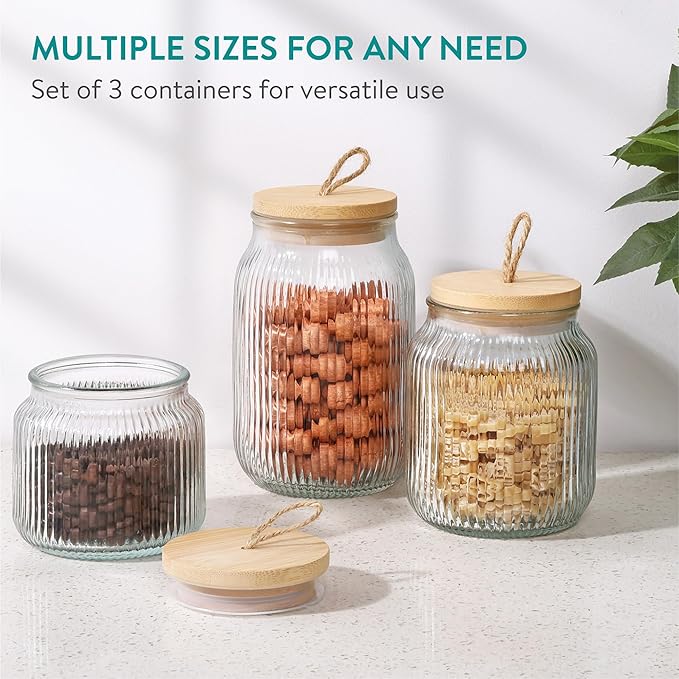Navaris Bathroom Storage Ribbed Glass Canister Set of 3 - Multipurpose & Airtight for Cotton Wool Ear Buds, Pads, Q Tips, & Make Up - Organiser for Vanity & Dressing Table Decor