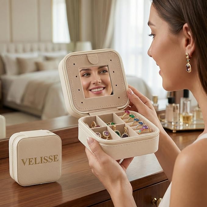 Velisse Travel Jewelry Case – Small Jewelry Travel Case Organizer, Jewelry Box Travel Case, PU Leather Jewelry Box for Rings, Earrings & Necklaces, Travel Organizer & Valentine’s Day Gifts for Her