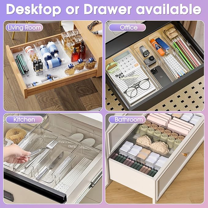 25 Pcs Extendable Clear Drawer Organizer, Adjustable Vanity Storage Box, 3-Size Desk Drawer Organizer, Non-Slip Storage Bins for Cosmetics, Jewelries, Stationeries, Tools, Cutleries, Toiletries