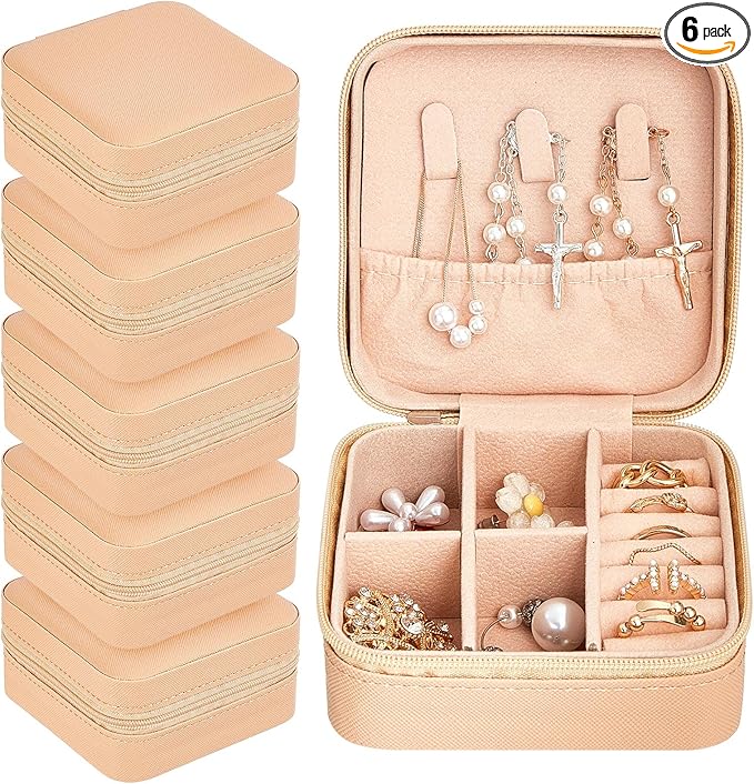 Taiyin 6 Pcs Travel Jewelry Case, Valentines Day Gifts for Her- Small Jewelry Organizer Box Bridesmaid Gifts for Women Girls (Beige)