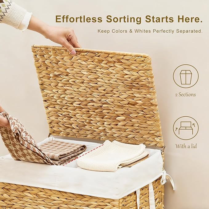 2-Section Laundry Hamper with Lid, Large Capacity Woven Natural Water Hyacinth Laundry Sorter with Removable Liners, Rolling or Non-Slip Design for Bedroom(Natural, 2-Section)