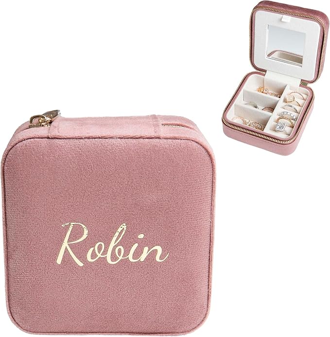 Customizable Compact Velvet Jewelry Box with Mirror, Travel Jewelry Case, Travel Jewelry Organizer, Jewelry Box for Women and Girls, Small Jewelry Organizer (Center Text, Nude Pink)