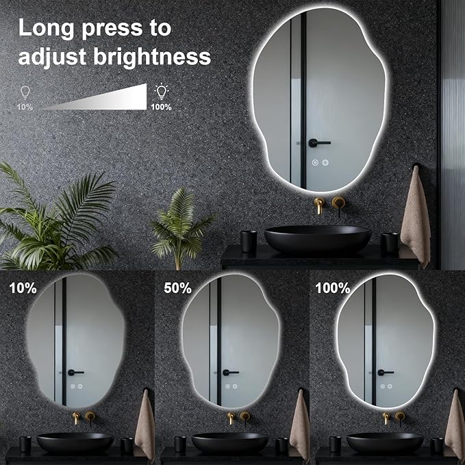 Asymmetrical Bathroom Mirror with Lights,Irregular LED Bathroom Vanity Mirror with Backlit,Anti-Fog,3 Colors and Dimmable Light with Memory,Hardwired Supported[Horizontal/Vertical] 35" H x 25" W