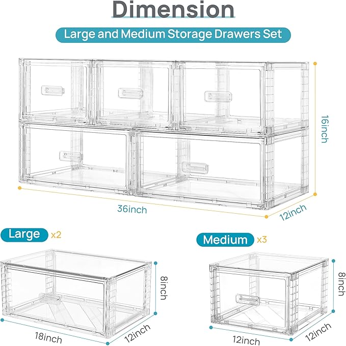Vtopmart 5 Pack Large & Medium Stackable Drawer Organizer Set, 108QT Easy Assembly Clear Plastic Storage Cabinet, Durable Dresser for Closet, Bedroom, Entryway, Playroom & Apartment Organization