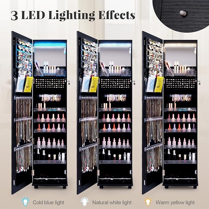 GOFLAME Jewelry Cabinet with Full Length Mirror, Lockable Jewelry Storage Organizer with Wheels, 3-Color LED Lights, Inner Mirror, Freestanding Jewelry Armoire with Rear Storage Shelves, Black