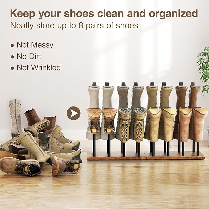 pickpiff Boot Rack 8-Pair Shoe Organizer Tall 16.4'' Free Standing Shoes Holder Metal With Wood Base