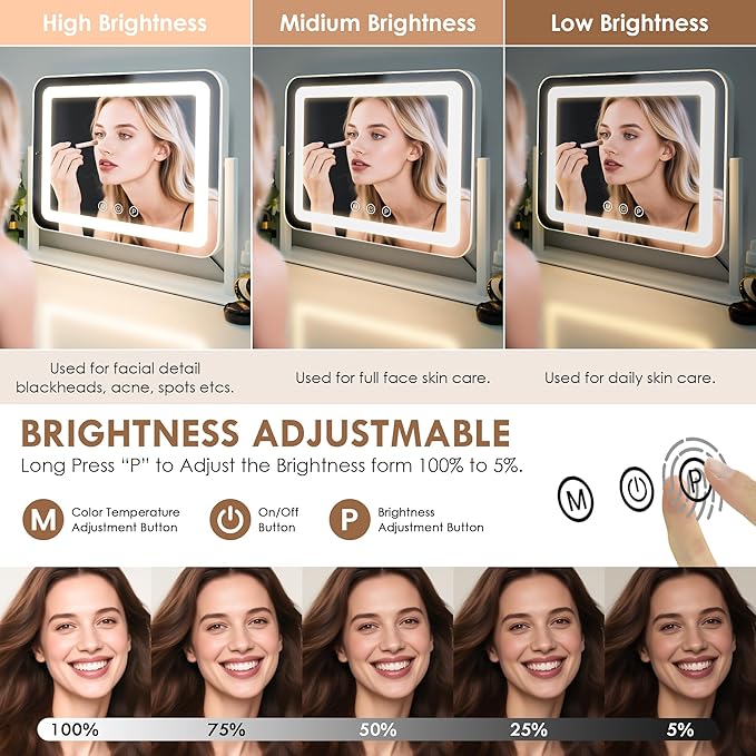 Sucedey Vanity Mirror with Lights, 18.1" L x 14.2" W LED Makeup Mirror, Hollywood Mirror with 3 Color Modes & Adjustable Brightness, Detachable 10x Zoom Mirror, 360 Degree Rotation (White)