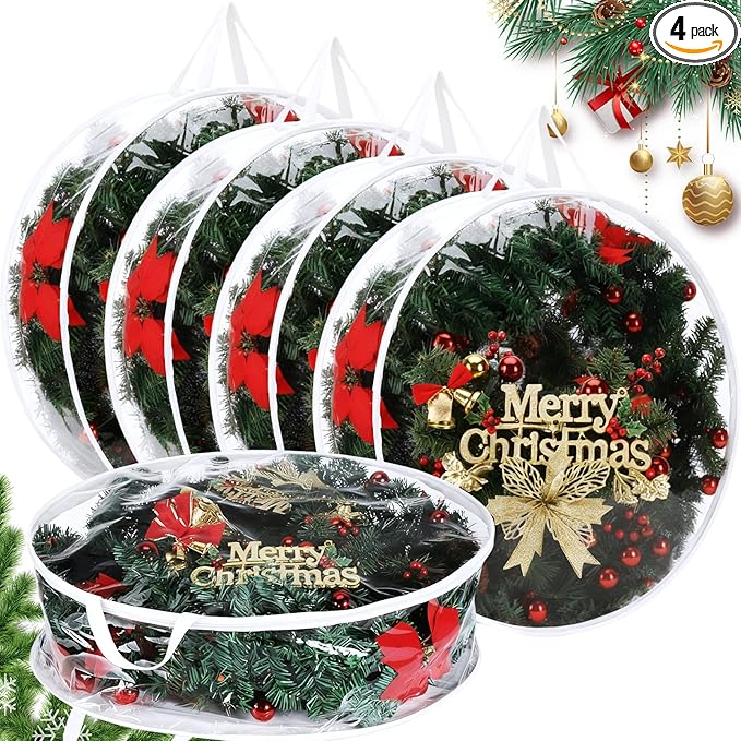 Zhengmy 4 Pack 30" 24" Wreath Storage Container Clear Christmas Wreath Storage Bags with Handle and Dual Zipper Plastic Decorative Garland Protector for Xmas Seasonal Holiday(White)