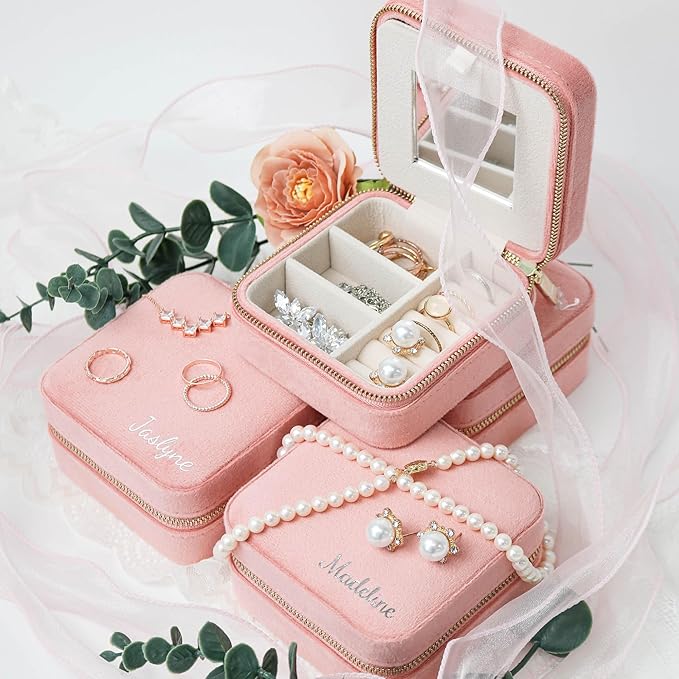 Customizable Compact Velvet Jewelry Box with Mirror, Travel Jewelry Case, Travel Jewelry Organizer, Jewelry Box for Women and Girls, Small Jewelry Organizer (Bottom Right Text, Coral Pink)